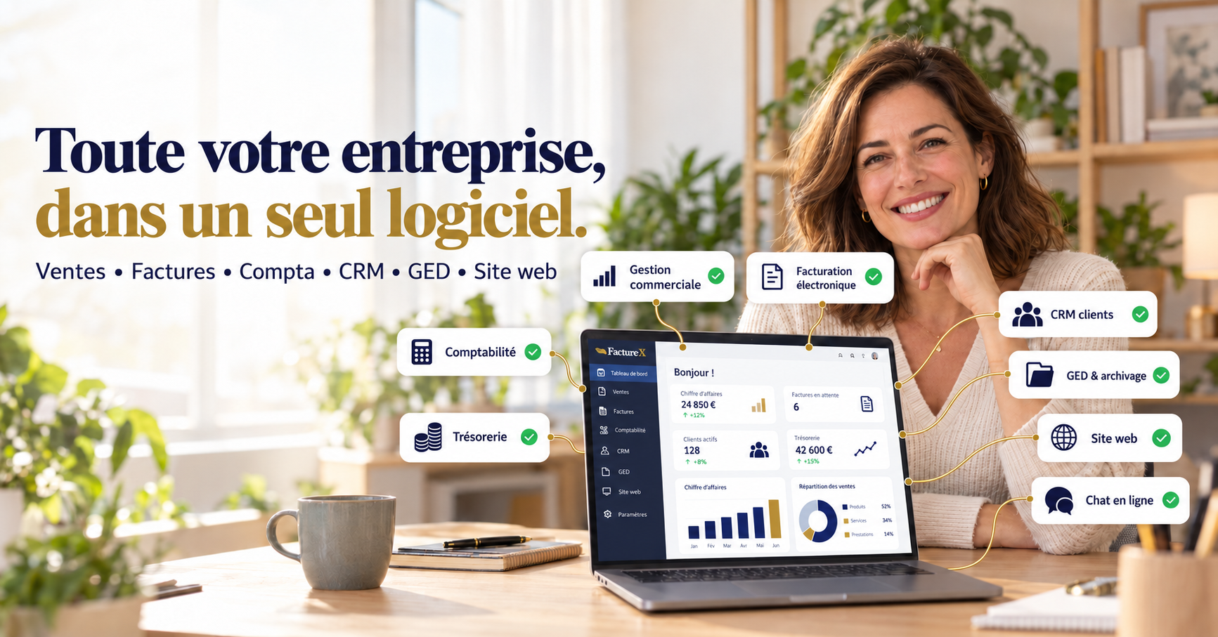 FactureX : toute votre entreprise dans un seul logiciel, avec facturation électronique, comptabilité, trésorerie, CRM et gestion documentaire.